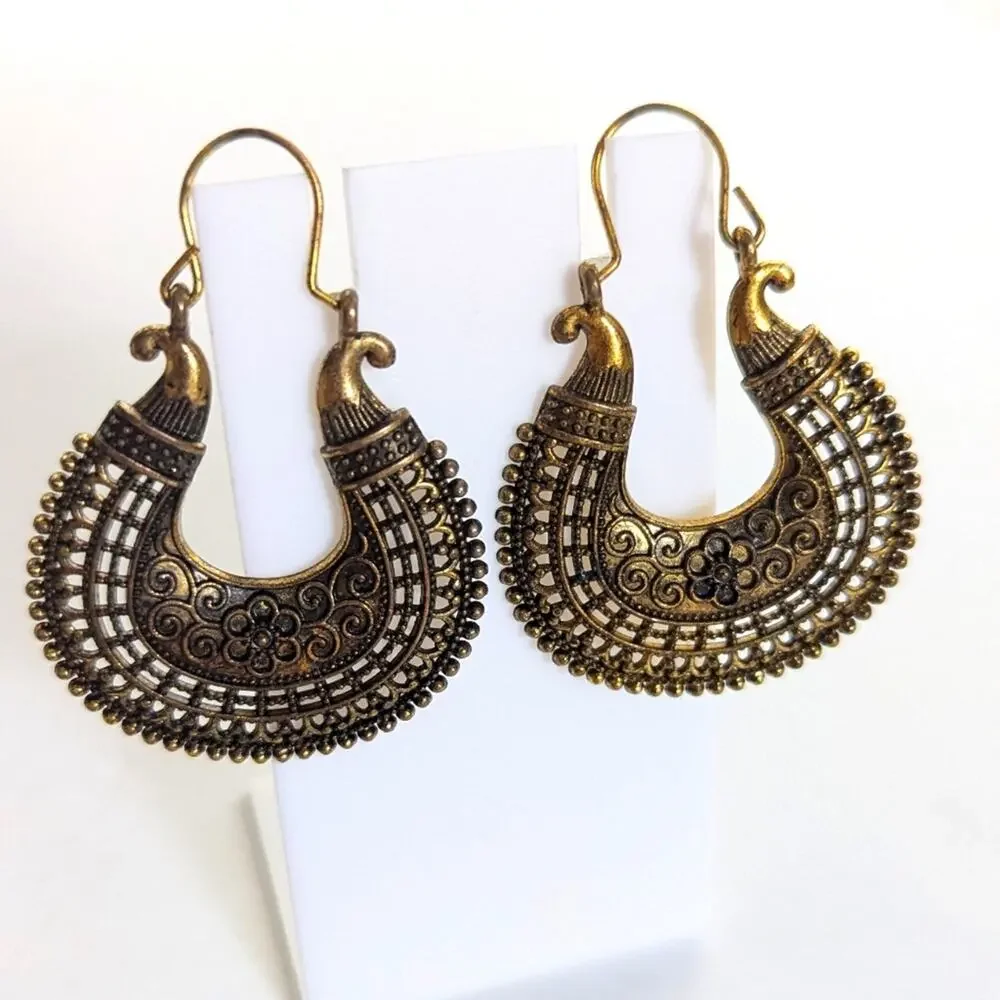 Vintage Antiqued Gold Tone Brass Tibetan Style Ornate Ethnic  Dangle Earrings